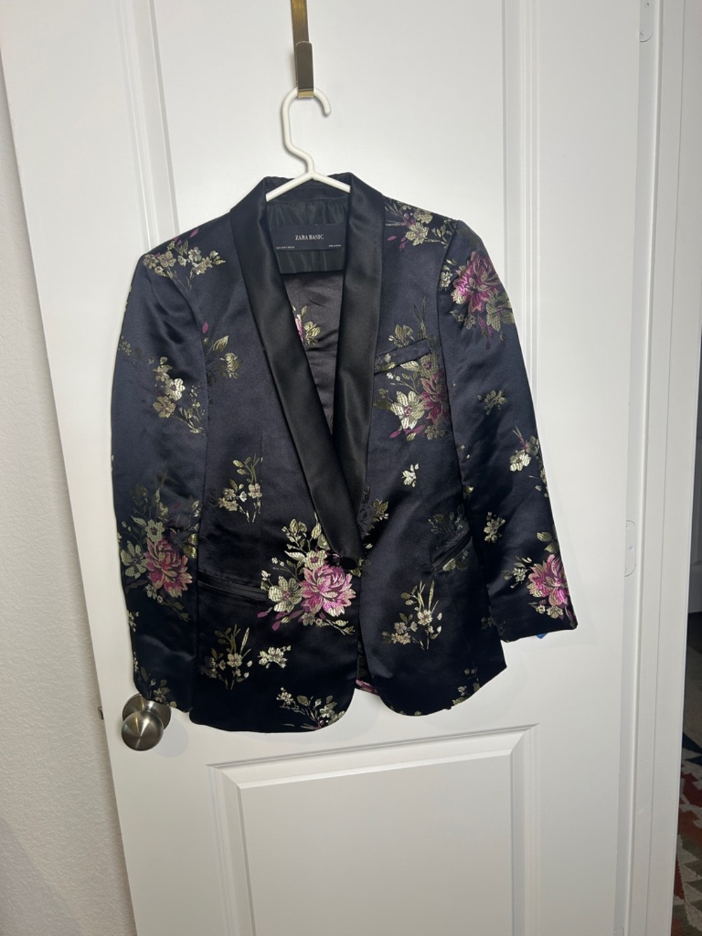 ZARA Black Floral Satin Blazer with Pink and Cream Blooms